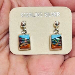 Native American ZUNI Sterling Earrings Turquoise Spiny Oyster Opal Inlaid